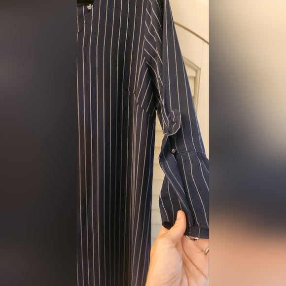 Navy and White Pinstriped Ruffle Sleeve Shift Dress: Professional, Office? - Picture 7 of 8